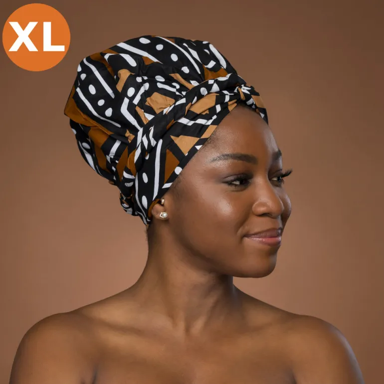 XL Easy headwrap / hoofddoek - Satijnen binnenkant - Bruin Zwart Bogolan