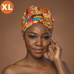 XL Easy headwrap / hoofddoek - Satijnen binnenkant - Beige Oranje Botanical Flow