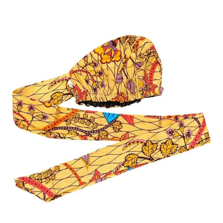 XL Easy headwrap / hoofddoek - Satijnen binnenkant - Beige Oranje Botanical Flow