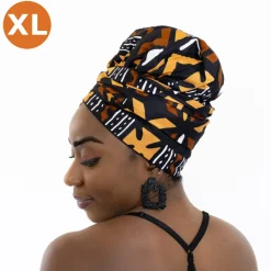 XL Easy headwrap / hoofddoek - Satijnen binnenkant - Bruine Bogolan