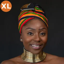 XL Easy headwrap / hoofddoek - Satijnen binnenkant - Pan African Kente / Zwart