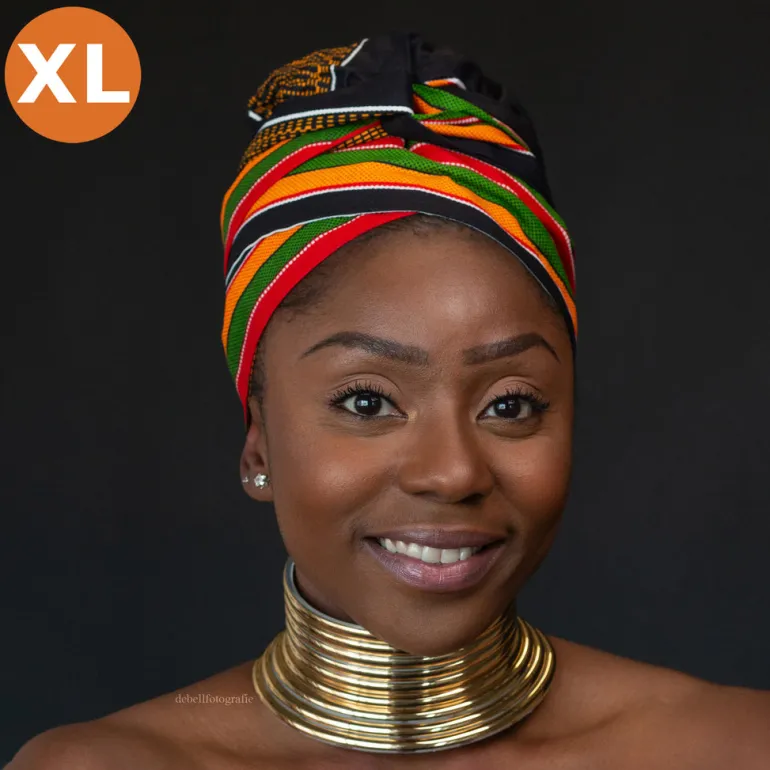 XL Easy headwrap / hoofddoek - Satijnen binnenkant - Pan African Kente / Zwart
