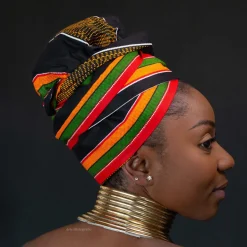 XL Easy headwrap / hoofddoek - Satijnen binnenkant - Pan African Kente / Zwart