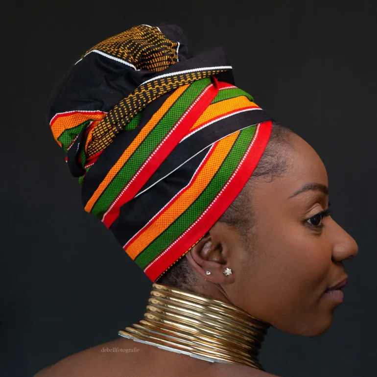 XL Easy headwrap / hoofddoek - Satijnen binnenkant - Pan African Kente / Zwart