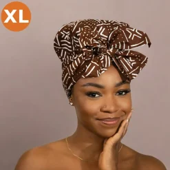 XL Easy headwrap / hoofddoek - Satijnen binnenkant - Bruine x Bogolan