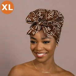 XL Easy headwrap / hoofddoek - Satijnen binnenkant - Bruine x Bogolan