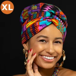 XL Easy headwrap / hoofddoek - Satijnen binnenkant - Blauw / Roze kente