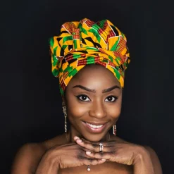 XL Easy headwrap / hoofddoek - Satijnen binnenkant - Oranje / groen Kente