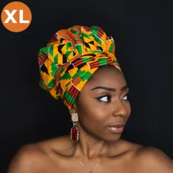 XL Easy headwrap / hoofddoek - Satijnen binnenkant - Oranje / groen Kente