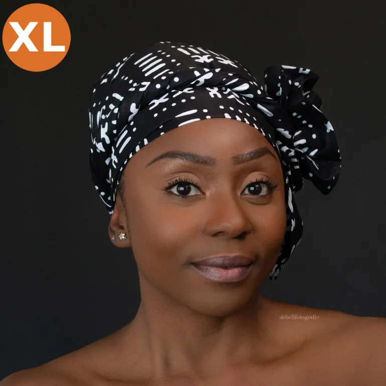 XL Easy headwrap / hoofddoek - Satijnen binnenkant - Zwarte bogolan