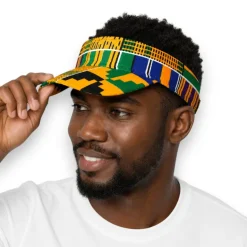Zonneklep / Pet met Afrikaanse print - Geel Blauw Kente Blocks