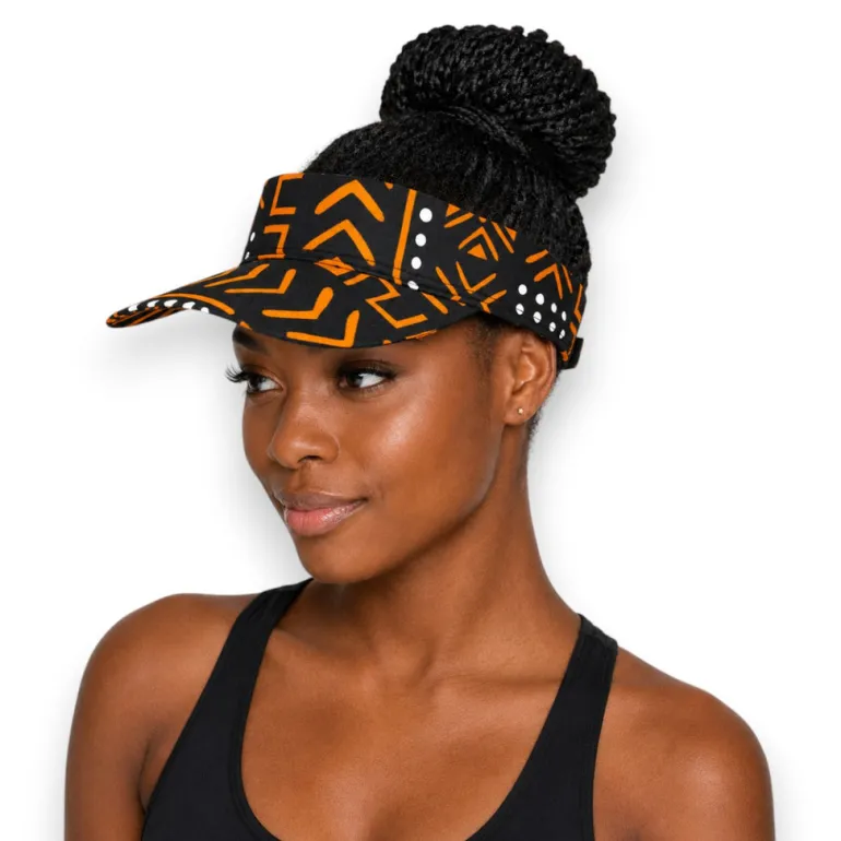 Zonneklep / Pet met Afrikaanse print - Zwart Oranje Bogolan Symbols
