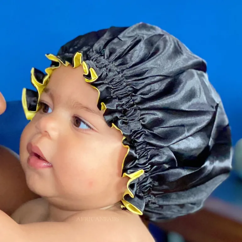 Zwarte / Gele Satijnen Slaapmuts ( Voor Kinderen van 3-7 jaar ) / Kinder Haar Bonnet van Satijn