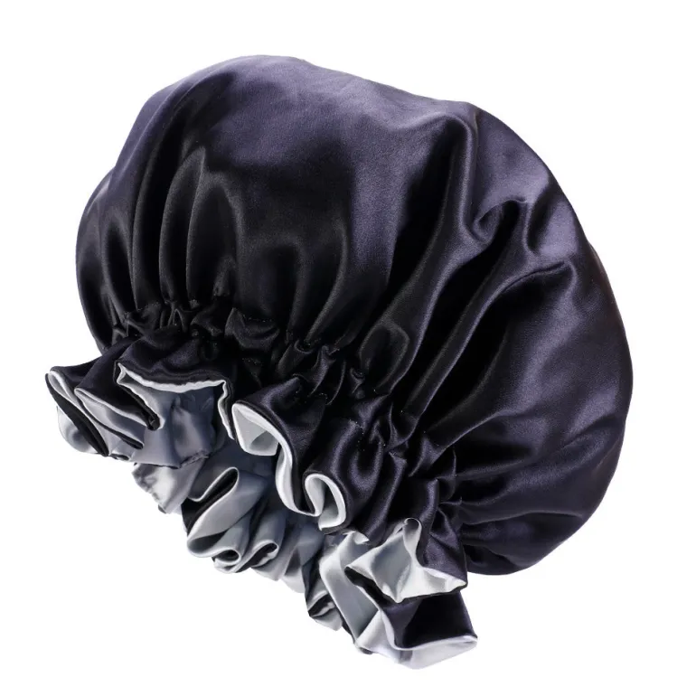 Zwarte / Grijze Satijnen Slaapmuts met randje / Reversible Satin Hair Bonnet / Haar bonnet van Satijn