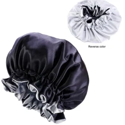 Zwarte / Grijze Satijnen Slaapmuts met randje / Reversible Satin Hair Bonnet / Haar bonnet van Satijn