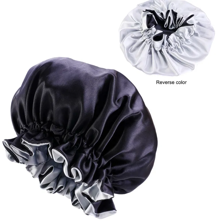 Zwarte / Grijze Satijnen Slaapmuts met randje / Reversible Satin Hair Bonnet / Haar bonnet van Satijn