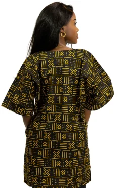 Zwart / Gele X Bogolan Dashiki Shirt / Dashiki Jurk - Afrikaans shirt - Unisex