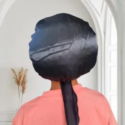 Zwart Satijnen slaapmuts met bandjes (kinderen / kindermaat 3-7 jaar) (Kinder Haar Bonnet)